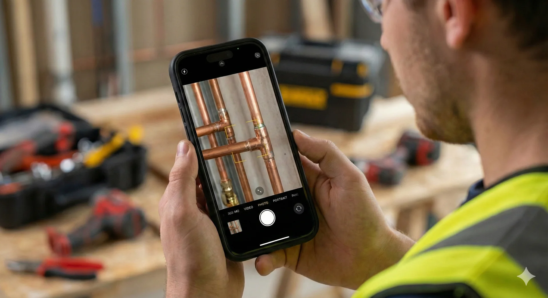 Apprentice taking a photo of plumbing work